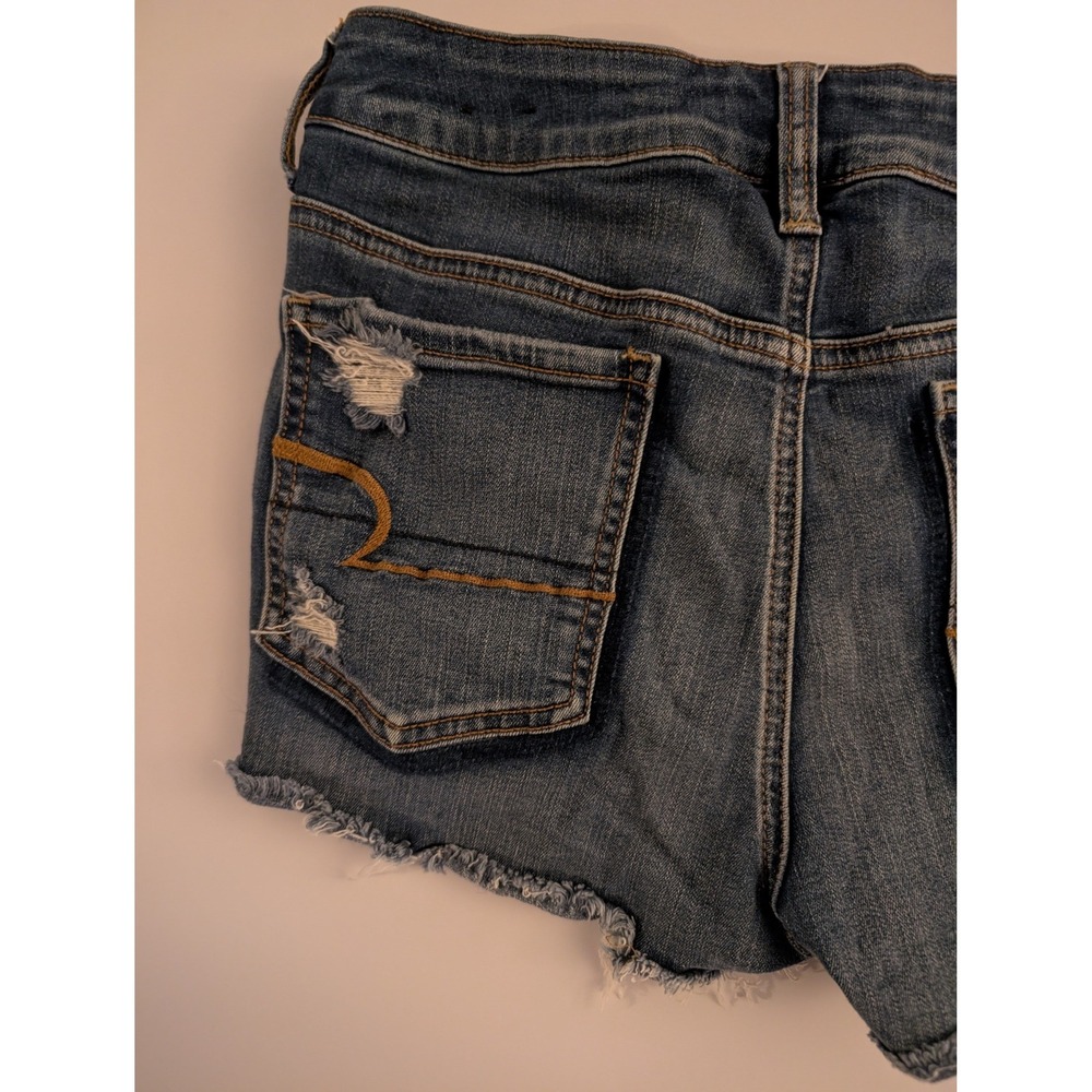 American Eagle Size 10 Hi-Rise Shortie Distressed Denim Shorts Blue Stretch - Picture 9 of 9